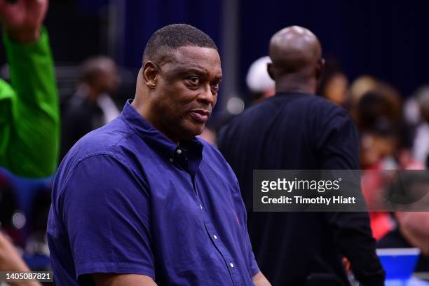 Head coach Rick Mahorn of the Aliens looks on during a game against the Triplets in BIG3 Week Two at Credit Union 1 Arena on June 25, 2022 in...