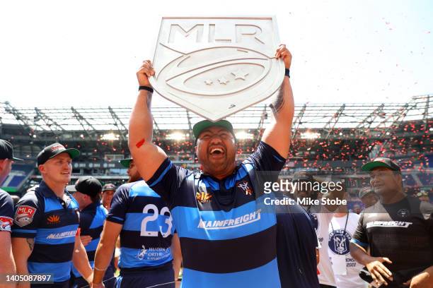 Kalolo Tuiloma of Rugby New York celebrates with the MLR Shield following the victory against the Seattle Seawolves in the Major League Rugby...