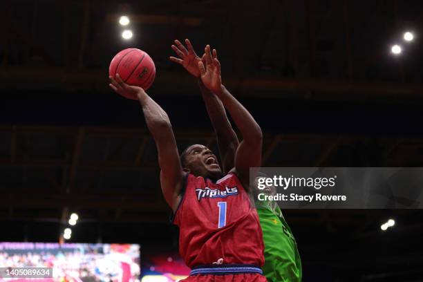 Joe Johnson of the Triplets shoots against Deshawn Stephens of the Aliens during BIG3 Week Two at Credit Union 1 Arena on June 25, 2022 in Chicago,...