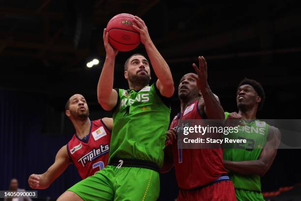 Dusan Bulut of the Aliens shoots against Joe Johnson of the Triplets during BIG3 Week Two at Credit Union 1 Arena on June 25, 2022 in Chicago,...