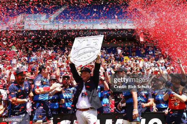 Owner Guy Bolton of Rugby New York lifts the MLR Shield following his team's victory against the Seattle Seawolves during the Major League Rugby...