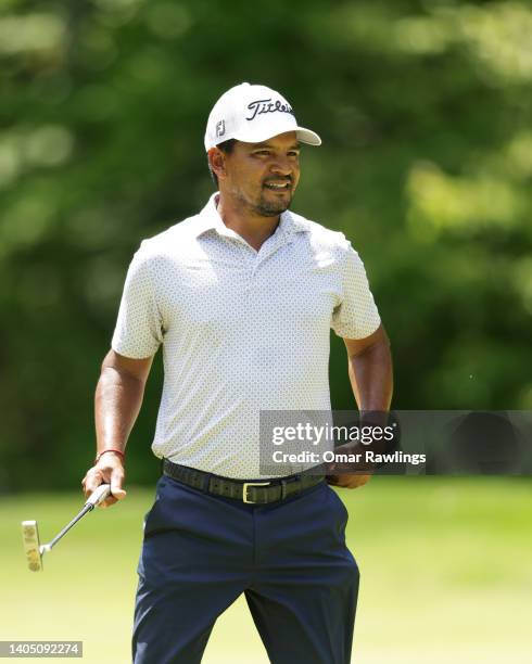 Fabián Gómez of Argentina looks on from the eighth green during the third round of the Live and Work in Maine Open at Falmouth Country Club on June...