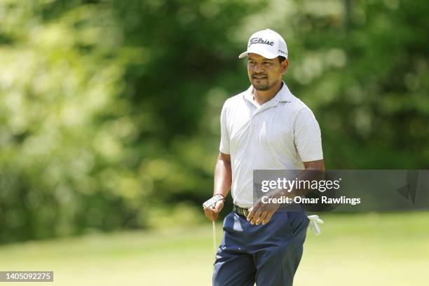 Fabián Gómez of Argentina looks on from the eighth green during the third round of the Live and Work in Maine Open at Falmouth Country Club on June...