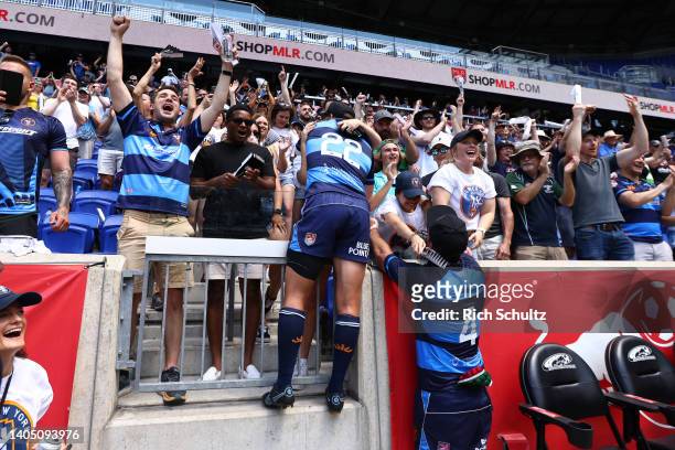 Fans of Rugby New York celebrate after defeating the Seattle Seawolves during the Major League Rugby Championship at Red Bull Arena on June 25, 2022...
