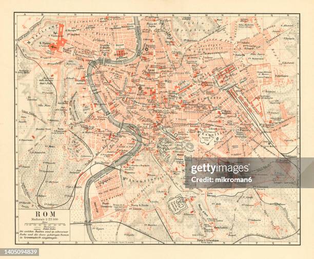 old chromolithograph map of rome, italy - rome italy map stock pictures, royalty-free photos & images