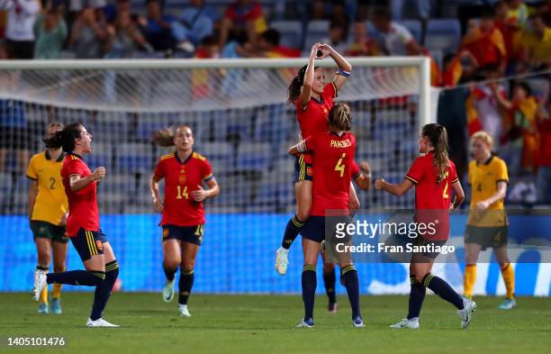 Aitana Bonmati celebrates with Irene Paredes of Spain after scoring their team's first goal during the Women's International Friendly match between...