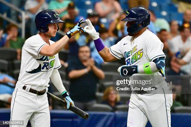 Isaac Paredes of the Tampa Bay Rays celebrates with Brett Phillips after hitting a home run in the eighth inning against the Pittsburgh Pirates at...