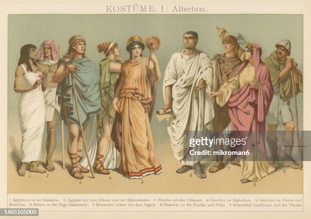 old chromolithograph illustration of ancient costumes of the romans - toga stock-fotos und bilder