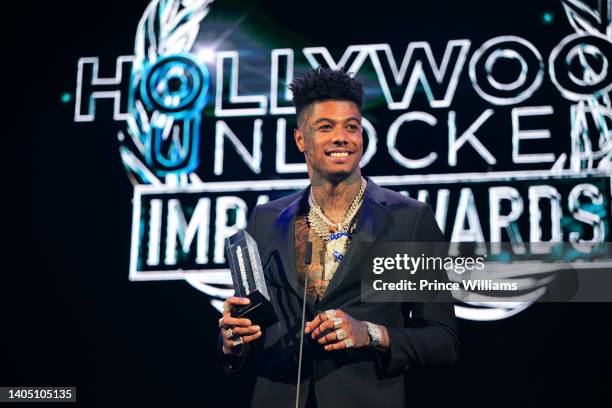 Rapper Blueface Onstage at The 2nd annual Hollywood Unlocked Impact Awards at The Beverly Hilton on June 24, 2022 in Beverly Hills, California.