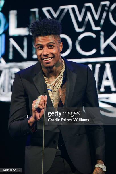 Rapper Blueface Onstage at the 2nd annual Hollywood Unlocked Impact Awards at The Beverly Hilton on June 24, 2022 in Beverly Hills, California.