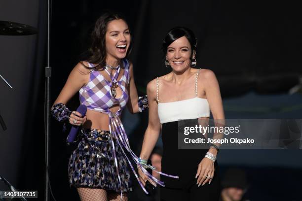 Olivia Rodrigo and Lily Allen perform on the Other stage during day four of Glastonbury Festival at Worthy Farm, Pilton on June 25, 2022 in...