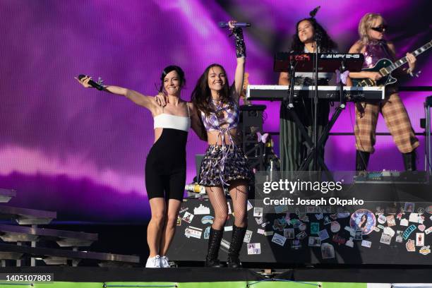 Lily Allen and Olivia Rodrigo perform on the Other Stage during day four of Glastonbury Festival at Worthy Farm, Pilton on June 25, 2022 in...