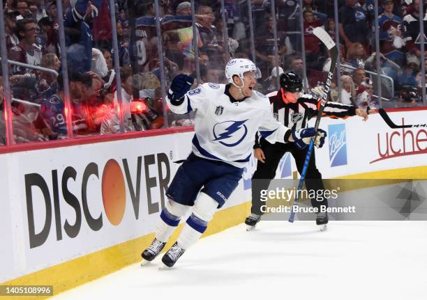 Ondrej Palat of the Tampa Bay Lightning celebrates his game-winning goal against the Colorado Avalanche during Game Five of the 2022 NHL Stanley Cup...