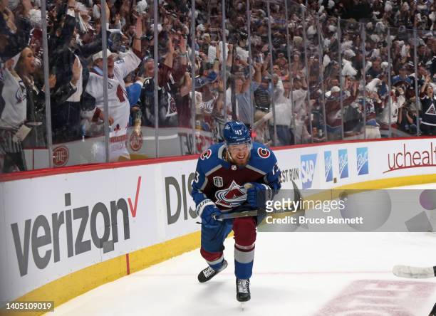Valeri Nichushkin of the Colorado Avalanche celebrates his goal against the Tampa Bay Lightning during Game Five of the 2022 NHL Stanley Cup Final at...