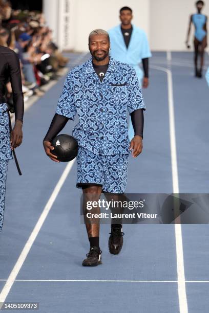 Footbaler Djibril Cissé walks the runway during the Marine Serre Menswear Spring Summer 2023 show as part of Paris Fashion Week on June 25, 2022 in...