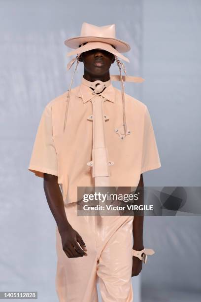 Model walks the runway during the Craig Green Ready to Wear Spring/Summer 2023 fashion show as part of the Paris Men Fashion Week on June 25, 2022 in...