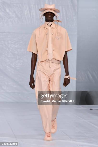 Model walks the runway during the Craig Green Ready to Wear Spring/Summer 2023 fashion show as part of the Paris Men Fashion Week on June 25, 2022 in...