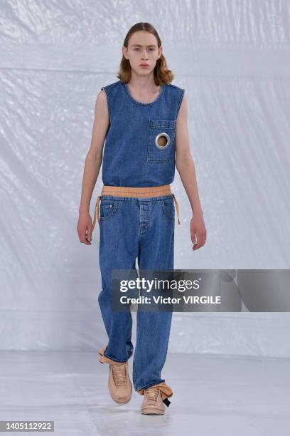 Model walks the runway during the Craig Green Ready to Wear Spring/Summer 2023 fashion show as part of the Paris Men Fashion Week on June 25, 2022 in...