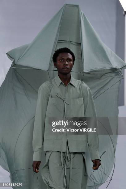 Model walks the runway during the Craig Green Ready to Wear Spring/Summer 2023 fashion show as part of the Paris Men Fashion Week on June 25, 2022 in...