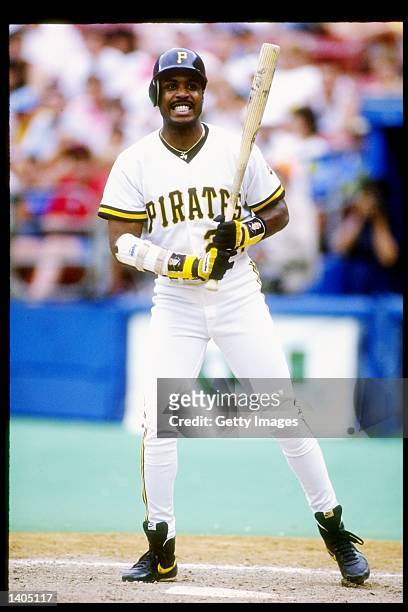 Left fielder Barry Bonds of the Pittsburgh Pirates watches his shot during a game against the Cincinnati Reds at Three Rivers Stadium in Pittsburgh,...