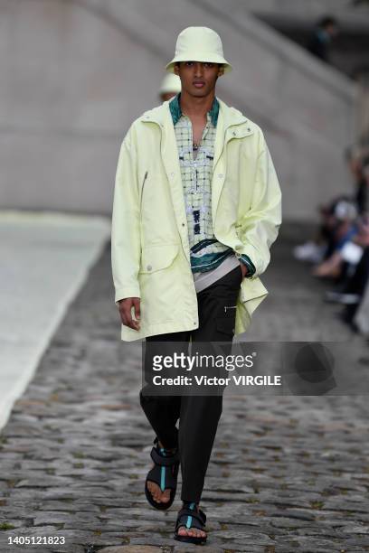 Model walks the runway during the Hermes Ready to Wear Spring/Summer 2023 fashion show as part of the Paris Men Fashion Week on June 25, 2022 in...