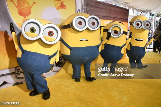 Minions Bob, Otto, Stuart and Dave attend the Illumination and Universal Pictures' "Minions: The Rise Of Gru" Los Angeles premiere on June 25, 2022...