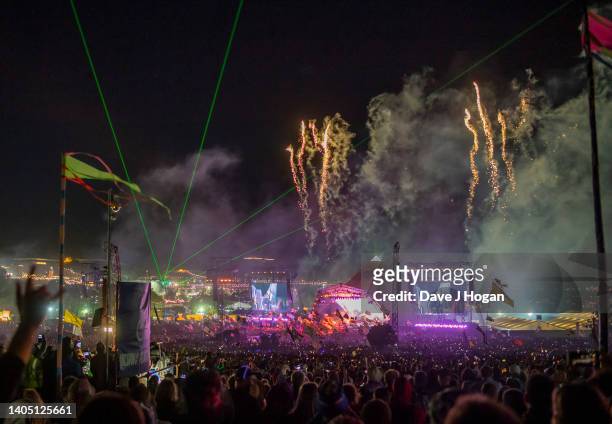 General view of fireworks above the Pyramid stage as Paul McCartney performs during day four of Glastonbury Festival at Worthy Farm, Pilton on June...
