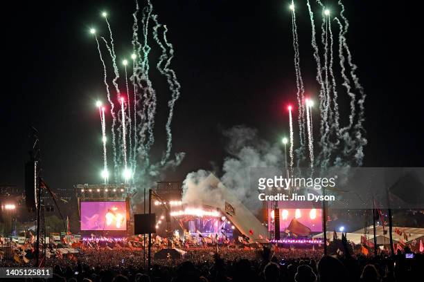 Fireworks go off during Paul McCartney's set on the Pyramid stage during day four of Glastonbury Festival at Worthy Farm, Pilton on June 25, 2022 in...