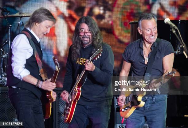 Paul McCartney performs with Bruce Springsteen and Dave Grohl as he headlines the Pyramid Stage during day four of Glastonbury Festival at Worthy...