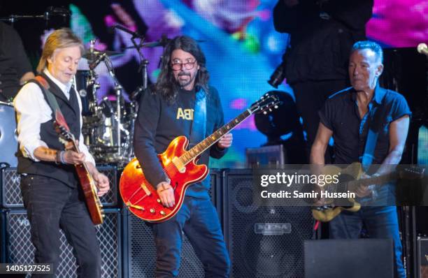 Paul McCartney performs with Bruce Springsteen and Dave Grohl as he headlines the Pyramid Stage during day four of Glastonbury Festival at Worthy...