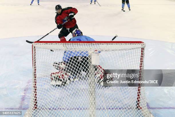 Aaron Palushaj of Team Carbonneau shoots against Parker Milner of Team Trottier during 3ICE Week Two at Magness Arena on June 25, 2022 in Denver,...