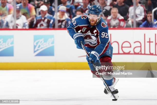 Gabriel Landeskog of the Colorado Avalanche skates against the Tampa Bay Lightning in Game Five of the 2022 Stanley Cup Final at Ball Arena on June...