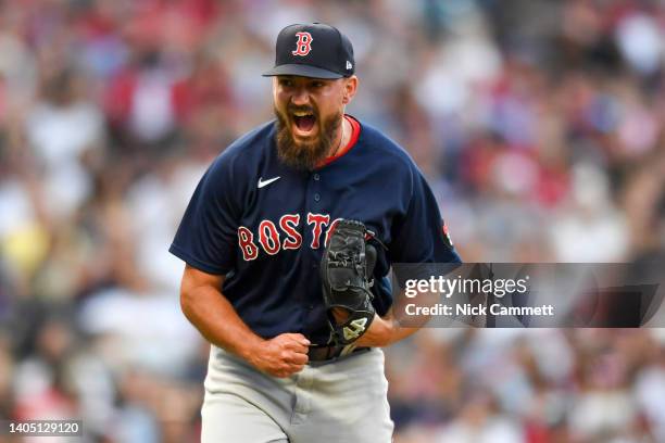 John Schreiber of the Boston Red Sox celebrates striking out Amed Rosario of the Cleveland Guardians during the seventh inning at Progressive Field...