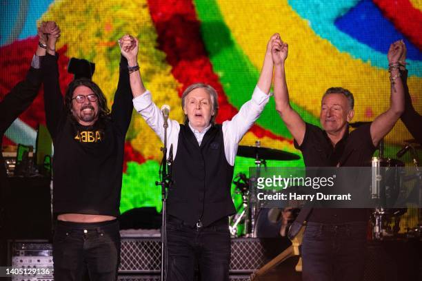 Dave Grohl, Paul McCartney and Bruce Springsteen perform on The Pyramid Stage during day four of Glastonbury Festival at Worthy Farm, Pilton on June...