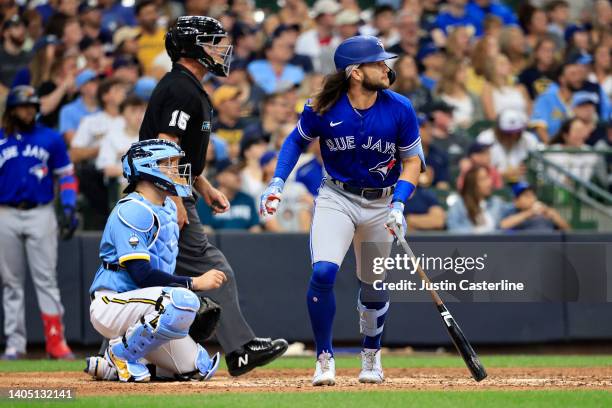 Bo Bichette of the Toronto Blue Jays hits a homerun during the eighth inning in the game against the Milwaukee Brewers at American Family Field on...