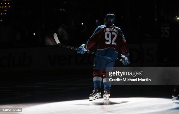 Gabriel Landeskog of the Colorado Avalanche skates prior to the game against the Tampa Bay Lightning in Game Five of the 2022 Stanley Cup Final at...