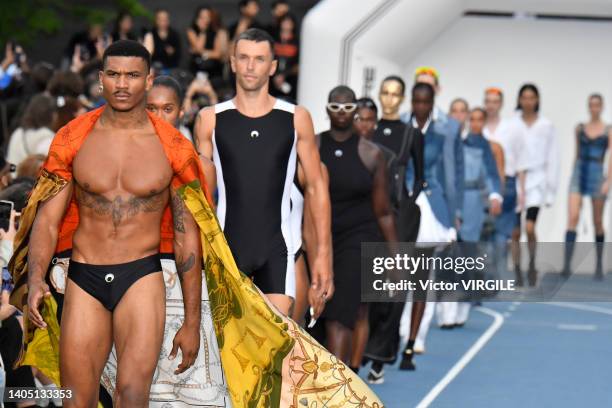 Kelegh Moutome walks the runway during the Marine Serre Ready to Wear Spring/Summer 2023 fashion show as part of the Paris Men Fashion Week on June...