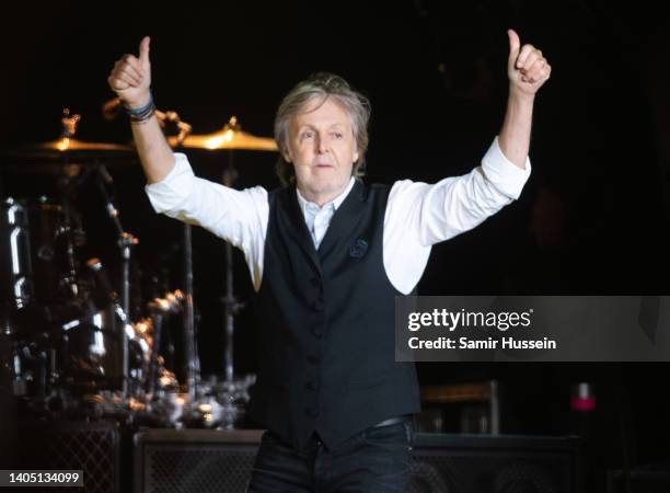 Paul McCartney performs as he headlines the Pyramid Stage during day four of Glastonbury Festival at Worthy Farm, Pilton on June 25, 2022 in...