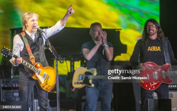 Paul McCartney performs with Bruce Springsteen and Dave Grohl as he headlines the Pyramid Stage during day four of Glastonbury Festival at Worthy...