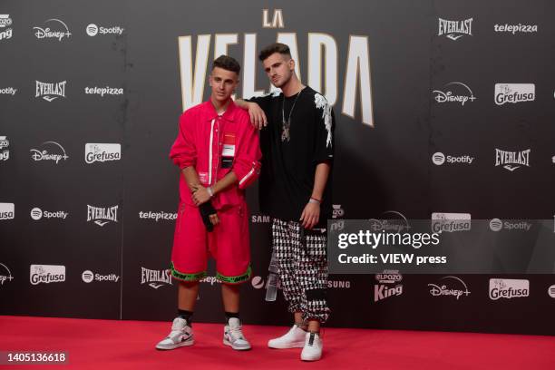 Adexe & Nau in front of the photocall, posing on the red carpet of "La Velada del Año II" in the Olympic pavilion of Badalona on June 25th in...