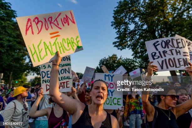 Protesters gather in the wake of the decision overturning Roe v. Wade outside the U.S. Supreme Court on June 25, 2022 in Washington, DC. The Supreme...