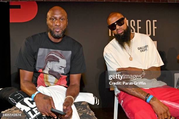 Lamar Odom and Slim Thug are seen onstage during the "College Hill Cast Meet & Greet" at House Of BET on June 25, 2022 in Los Angeles, California.