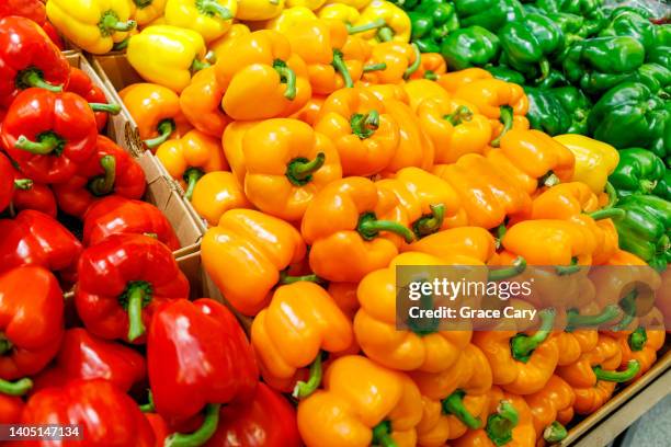 bell peppers on display at supermarket - green bell pepper imagens e fotografias de stock
