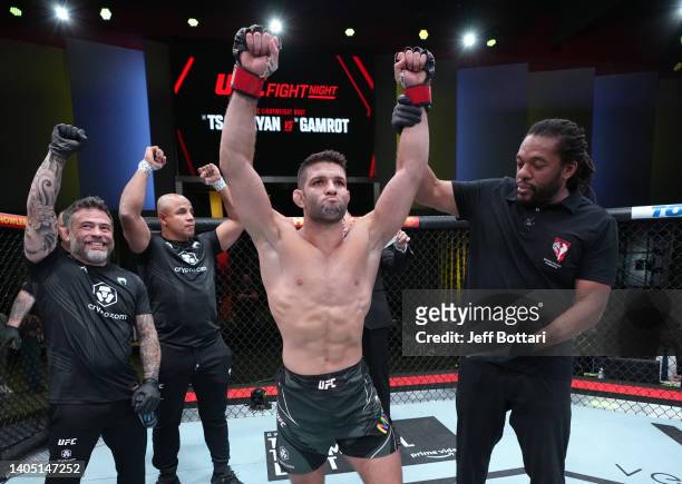 Thiago Moises of Brazil reacts after his submission victory over Christos Giagos in a lightweight fight during the UFC Fight Night event at UFC APEX...