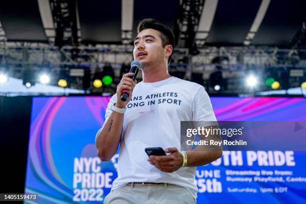 Schuyler Bailar during speaks on stage during Youth Pride at Rumsey Playfield, Central Park on June 25, 2022 in New York City.