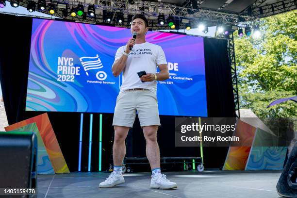 Schuyler Bailar during speaks on stage during Youth Pride at Rumsey Playfield, Central Park on June 25, 2022 in New York City.