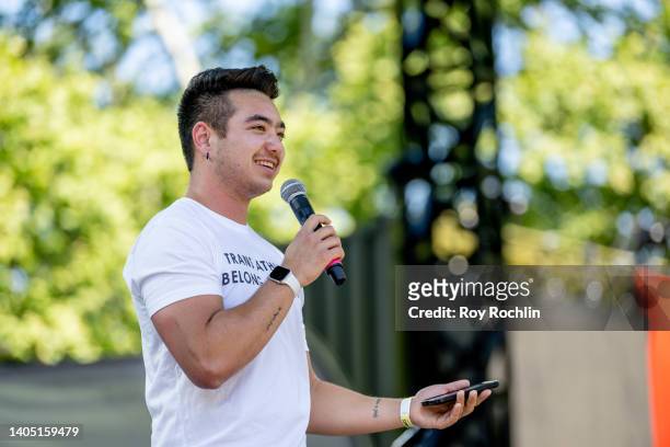 Schuyler Bailar during speaks on stage during Youth Pride at Rumsey Playfield, Central Park on June 25, 2022 in New York City.