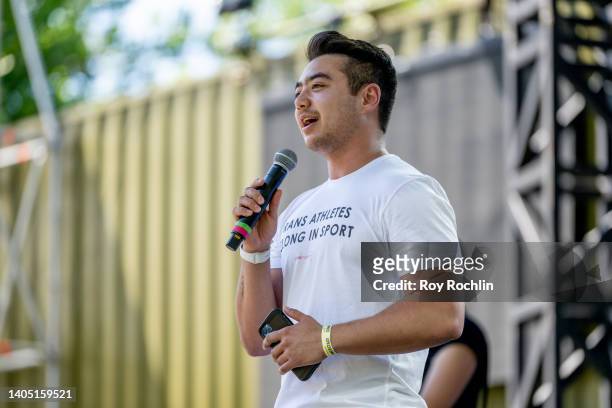 Schuyler Bailar during speaks on stage during Youth Pride at Rumsey Playfield, Central Park on June 25, 2022 in New York City.