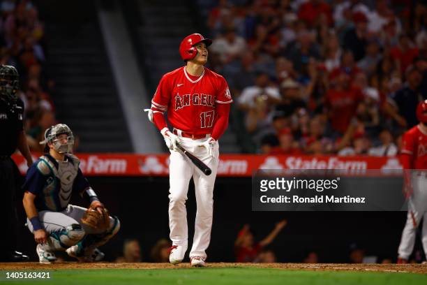 Shohei Ohtani of the Los Angeles Angels in the third inning at Angel Stadium of Anaheim on June 25, 2022 in Anaheim, California.