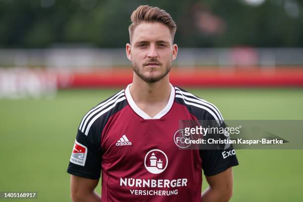 Lukas Schleimer of 1. FC Nürnberg poses during the team presentation at Training ground of 1.FC Nürnberg on June 23, 2022 in Nuremberg, Germany.